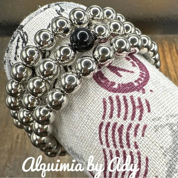 Set Black Onyx beaded bracelet/multi silver statement stack bubbles - Picture 1 of 4
